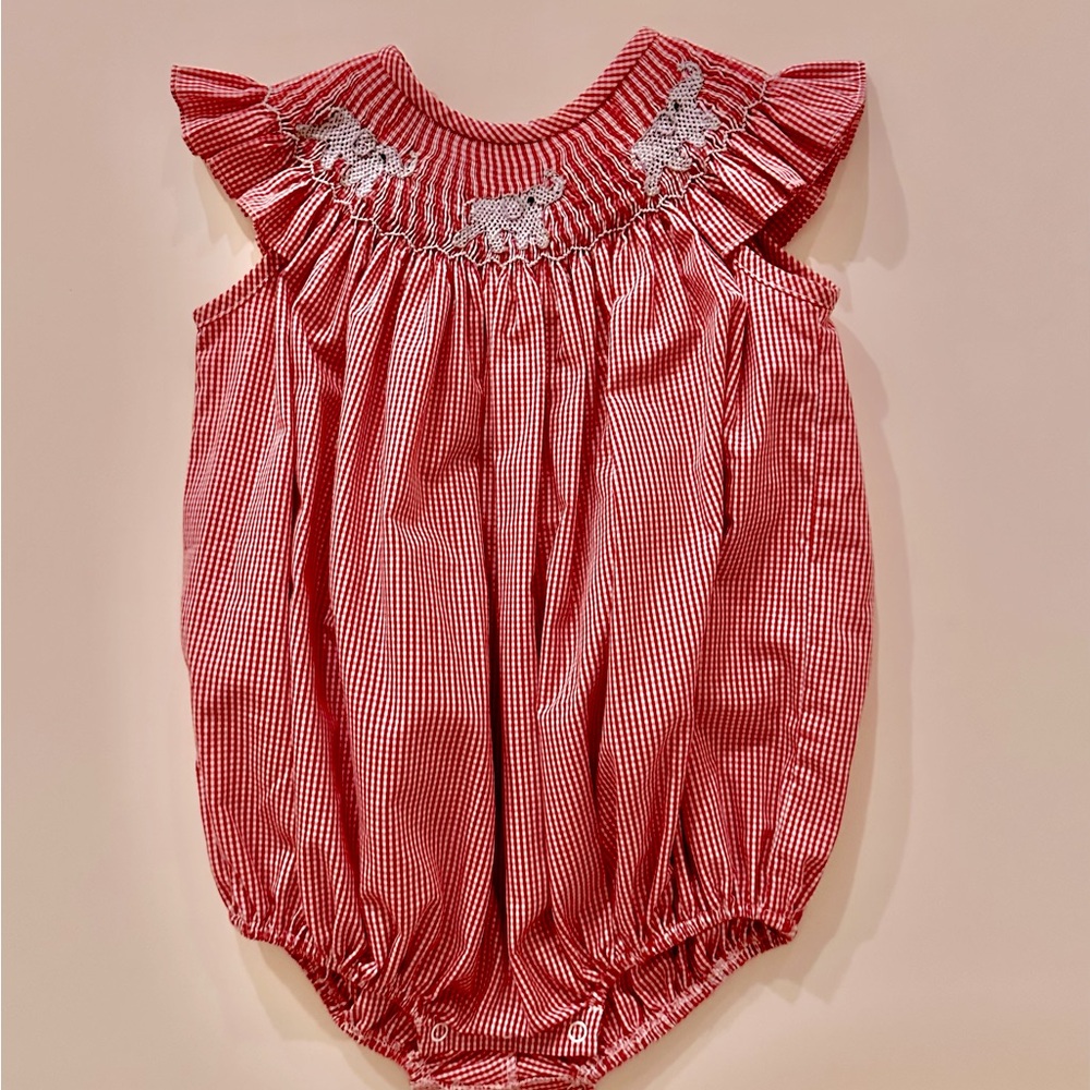 Smocked, Dark Red Mini-Check Bubble with Embroidered Elephants-Timeless